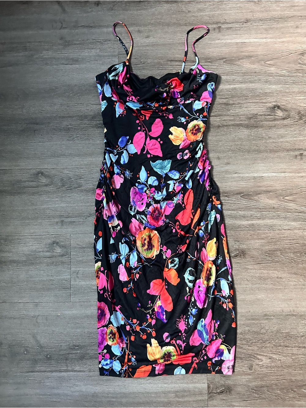 Vibrant Colorful Silk Floral Bodycon David Meister Midi Dress Size 4